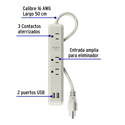 Regleta multicontacto de 3 entradas con 2 puertos USB y supresor de 300 joules