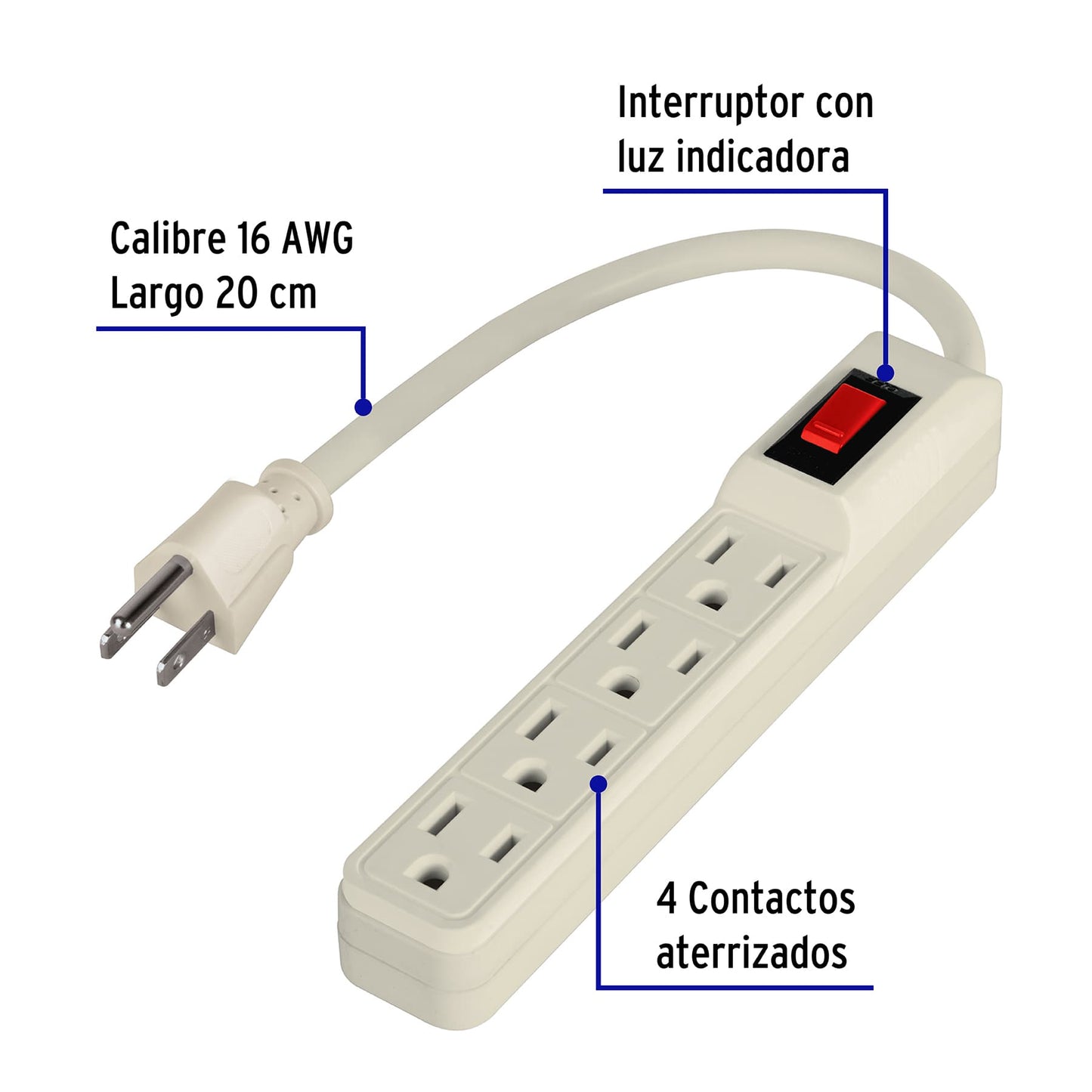 Regleta multicontacto económico de 4 entradas con calibre 16 AWG