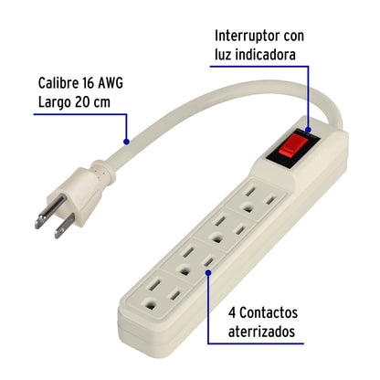Regleta multicontacto económico de 4 entradas con calibre 16 AWG