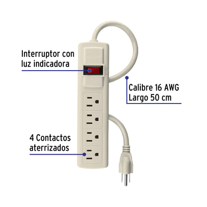 Regleta multicontacto de 4 entradas calibre 16 AWG para uso rudo