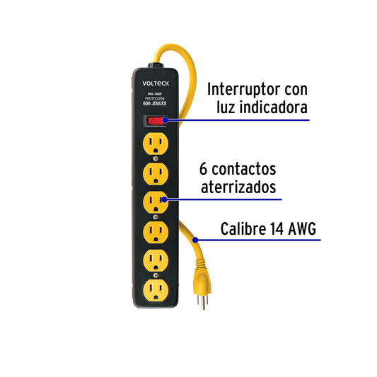 Multicontacto 14 AWG, 6 entradas sup. de picos 600 J, negro · vista 2
