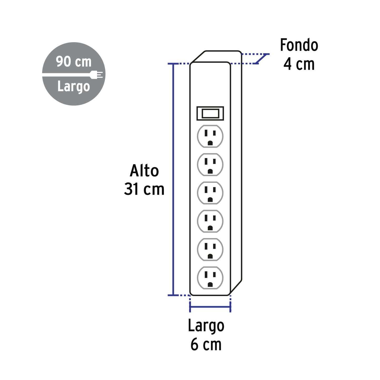 Regleta multicontacto de 6 entradas con supresor de picos de 600 joules
