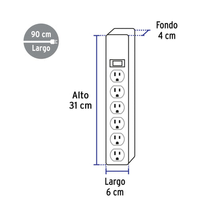 Regleta multicontacto de 6 entradas con supresor de picos de 600 joules