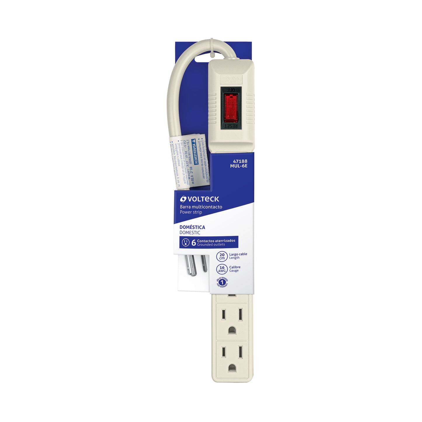Regleta multicontacto de 6 entradas calibre 16 AWG para uso doméstico