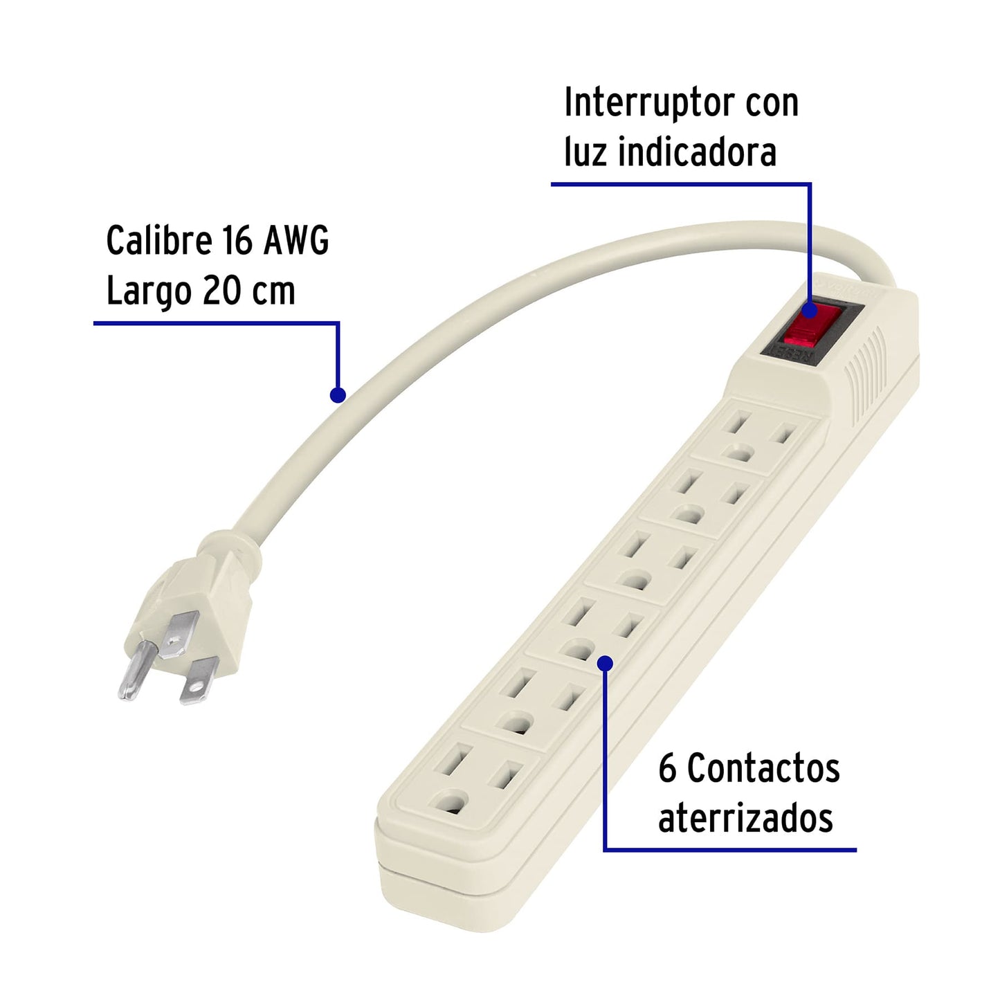 Regleta multicontacto de 6 entradas calibre 16 AWG para uso doméstico