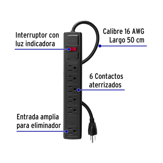 Multicontacto 16 AWG doméstico con 6 entradas, negro · vista 2
