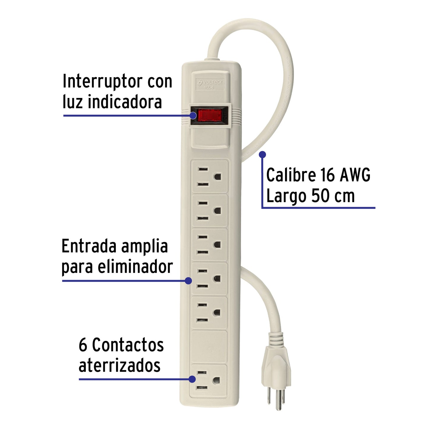 Regleta multicontacto de 6 entradas calibre 16 AWG para uso rudo