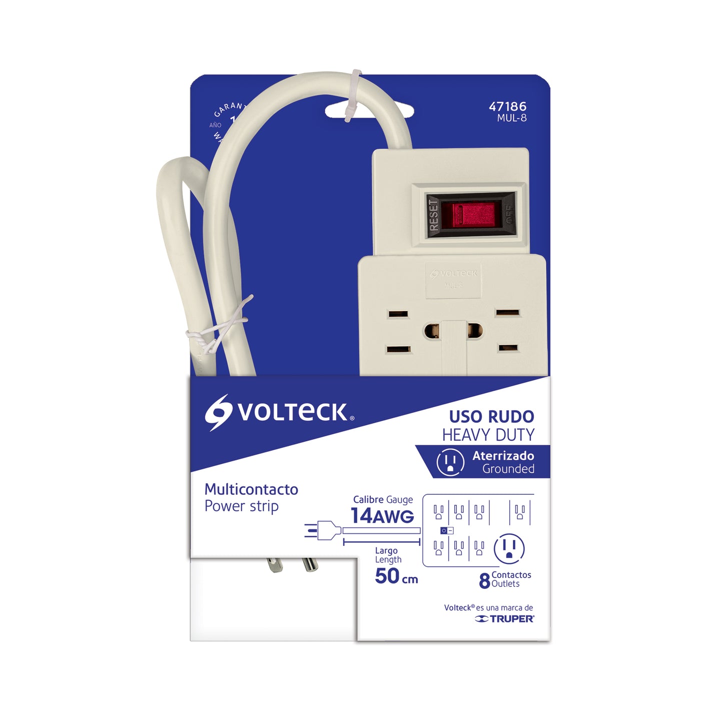 Regleta multicontacto de 8 entradas calibre 14 AWG para uso rudo