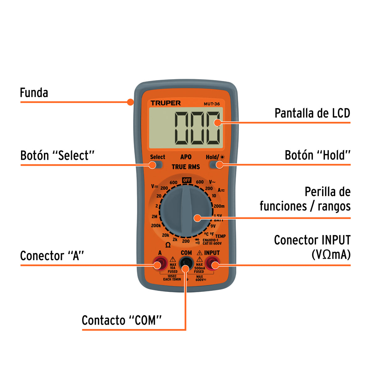 Multímetro digital, uso general, rango manual, TRMS, 600 V · vista 6