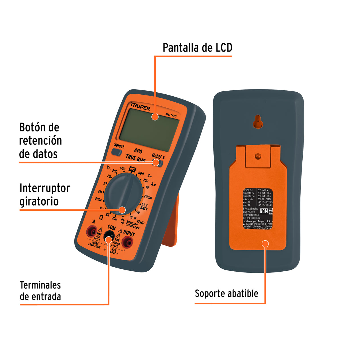 Multímetro digital, uso general, rango manual, TRMS, 600 V · vista 2