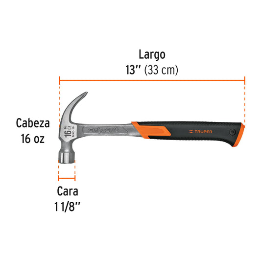 Martillo forjado de 16 oz con uña curva y mango con neopreno