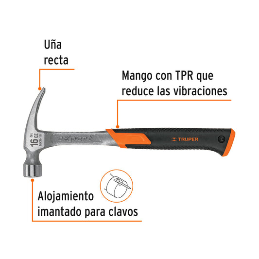 Martillo forjado de 16 oz con uña recta y mango con neopreno