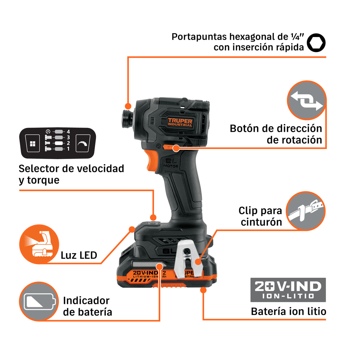 Destornillador de impacto 1/4" 20V 2baterías 2Ah · vista 7