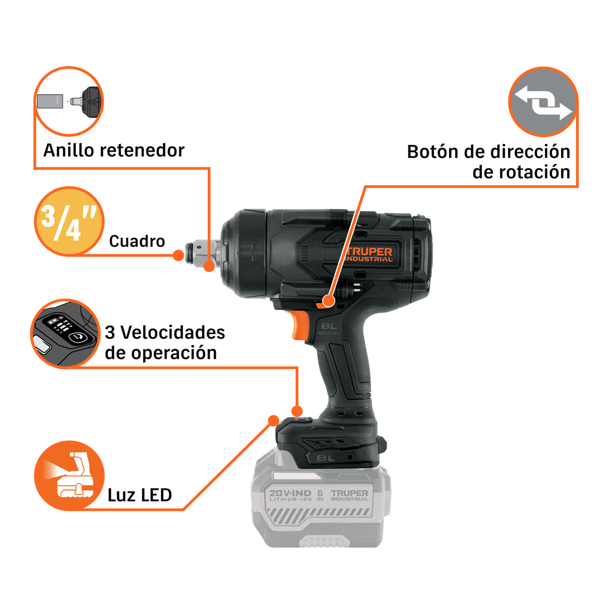 Llave de impacto 3/4", 20V, 1300Nm, s/accesorios · vista 4