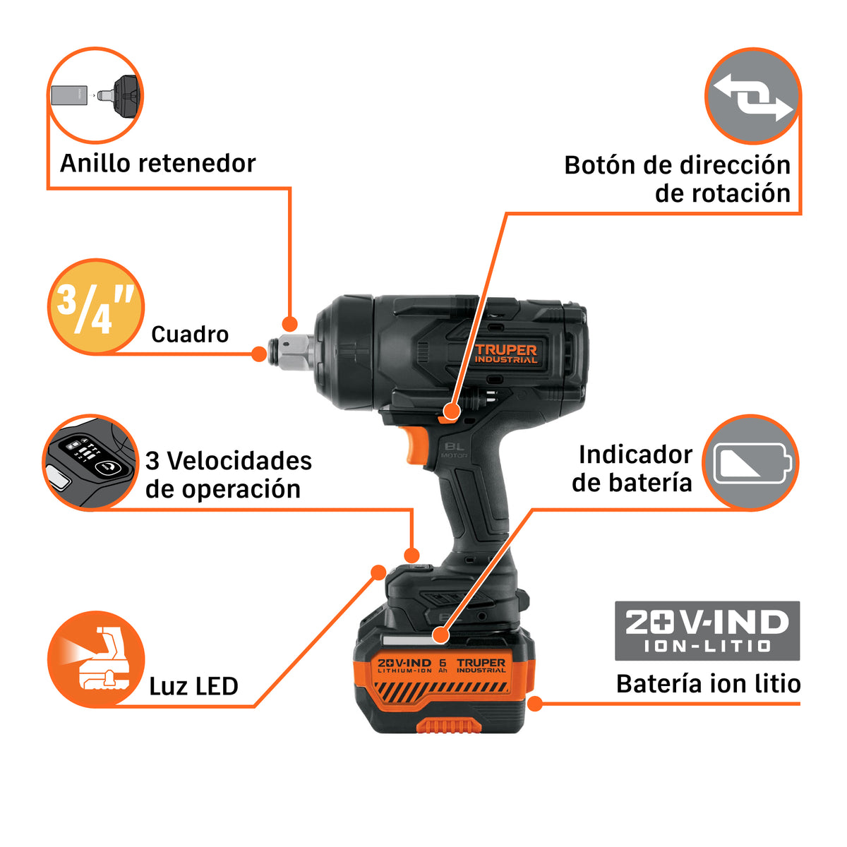 Llave de impacto 3/4" 20V 1300Nm, 2 baterías 6Ah · vista 7