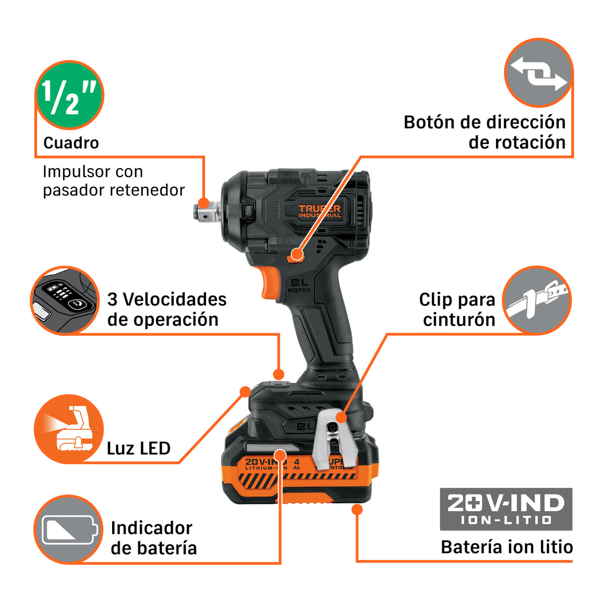 Llave de impacto 1/2" 20V, 650Nm, 2 baterías 4Ah · vista 7