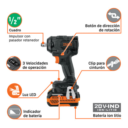Llave de impacto 1/2" 20V, 650Nm, 2 baterías 4Ah · vista 7
