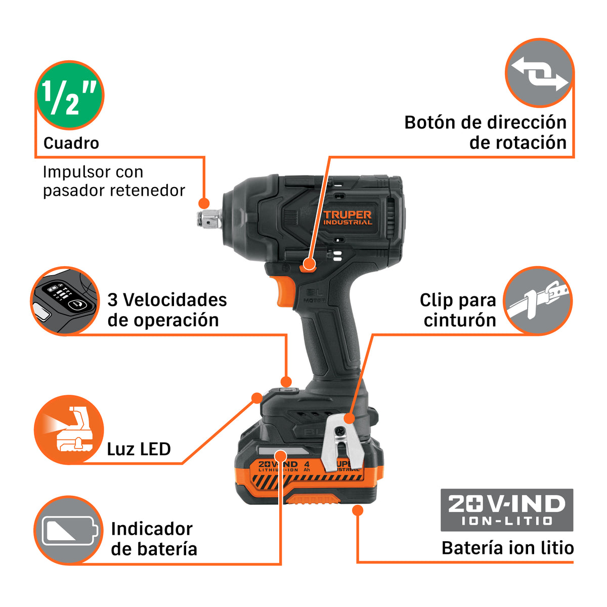 Llave de impacto 1/2" 20V, 850Nm, 2 baterías 4Ah · vista 7