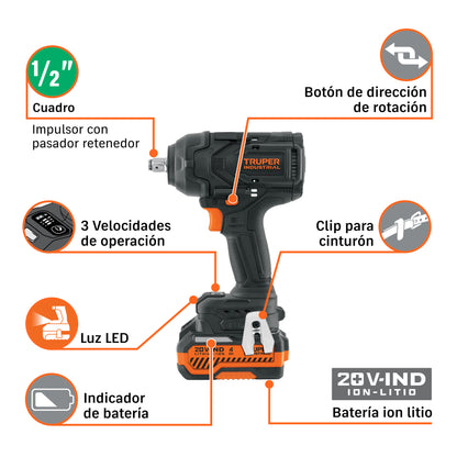 Llave de impacto 1/2" 20V, 850Nm, 2 baterías 4Ah · vista 7