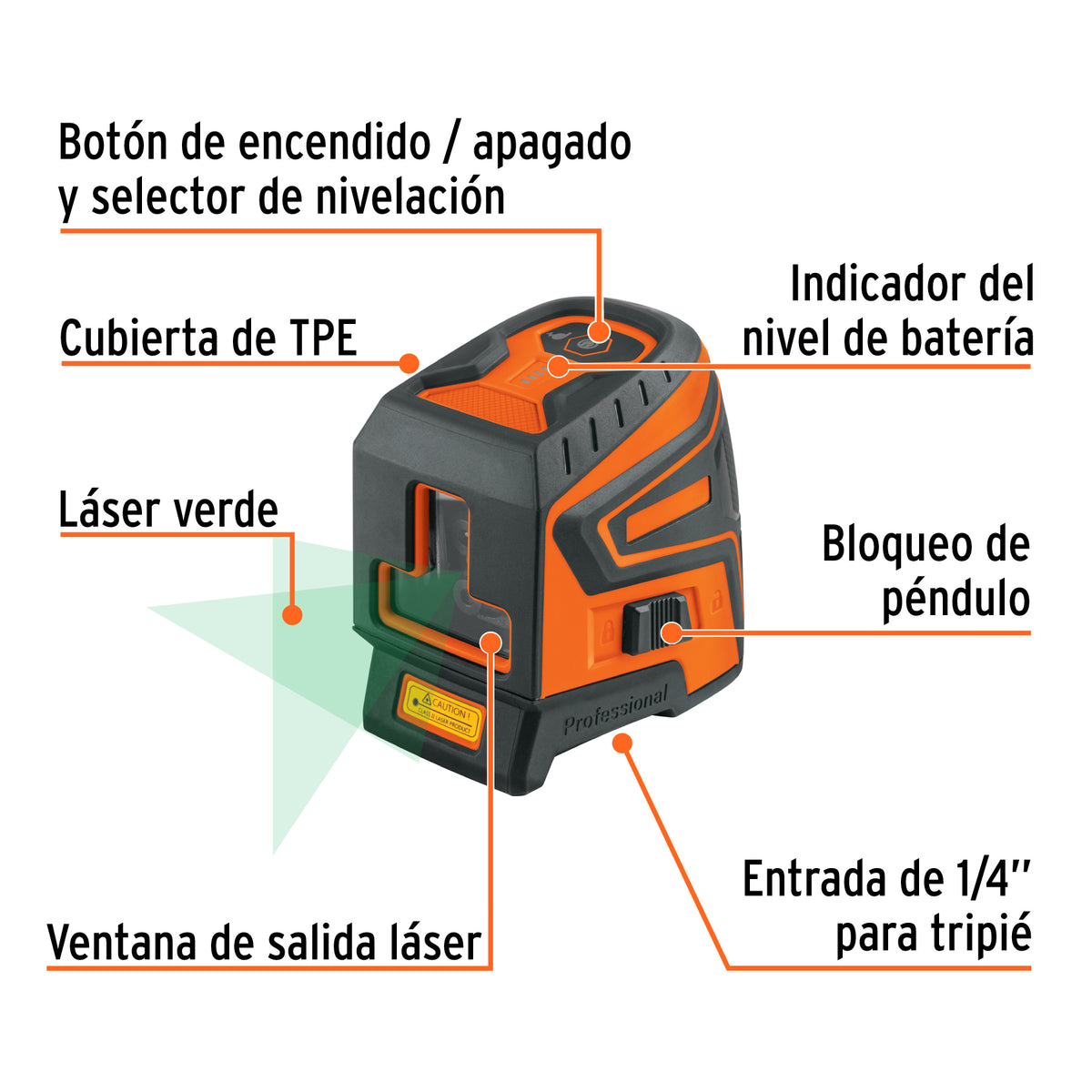 Nivel láser verde, alcance 30 m, recargable · vista 2