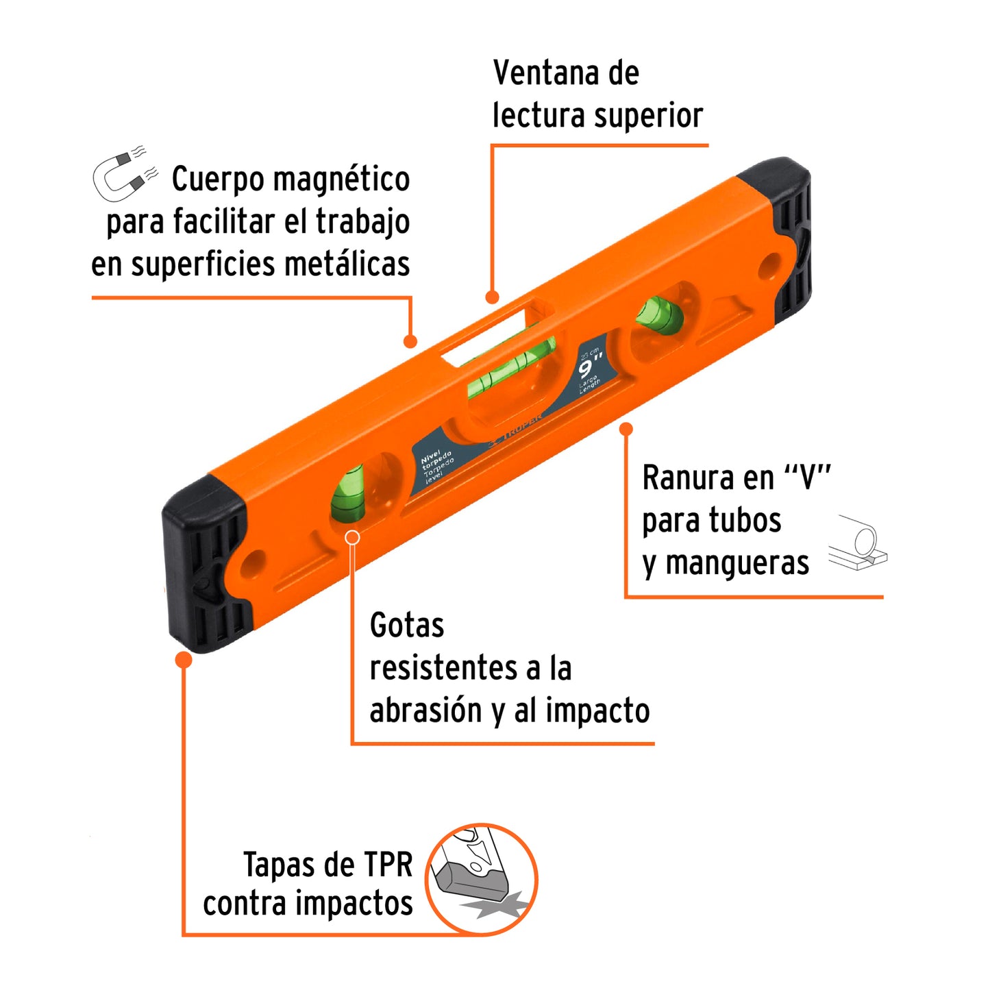 Nivel torpedo magnético de 9" con cuerpo de ABS