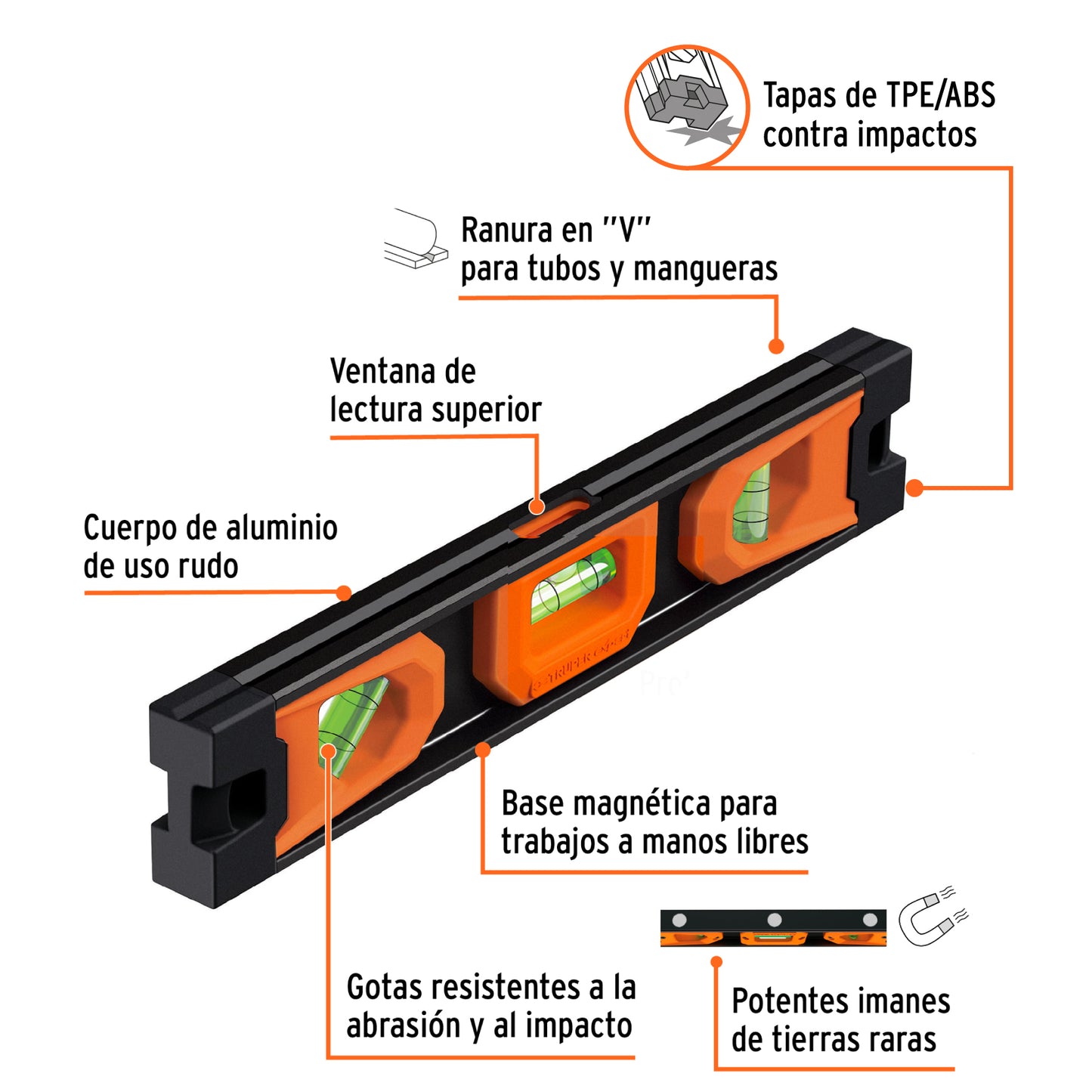Nivel torpedo magnético de 10" con cuerpo de aluminio