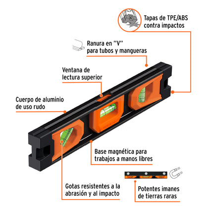 Nivel torpedo magnético de 10" con cuerpo de aluminio
