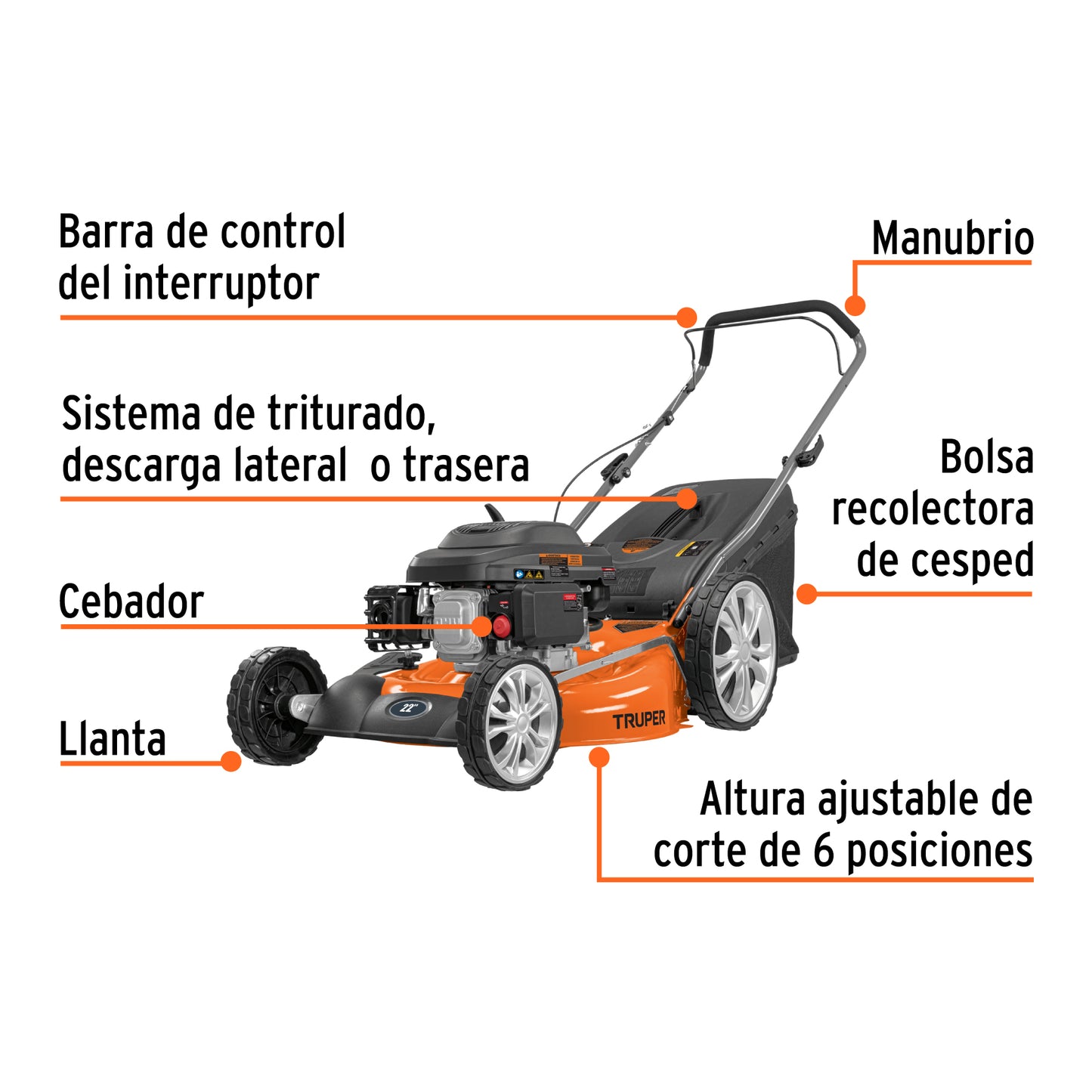 Podadora a gasolina de 6 HP con corte de 22 pulgadas