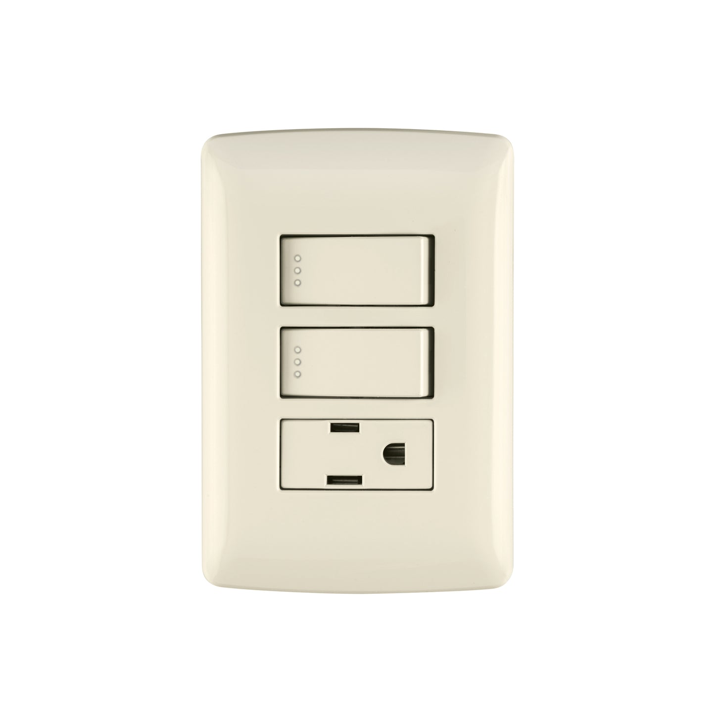 Placa armada con contacto y 2 interruptores de 127 V y 16 A con placa marfil