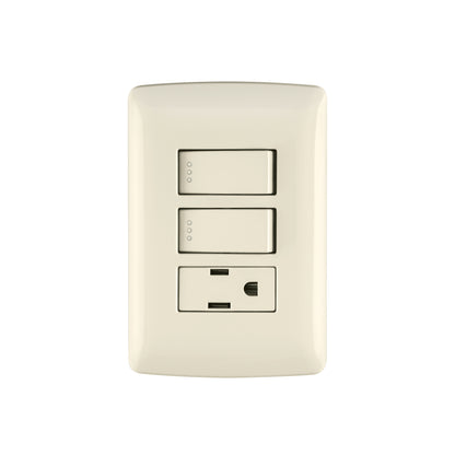Placa armada con contacto y 2 interruptores de 127 V y 16 A con placa marfil