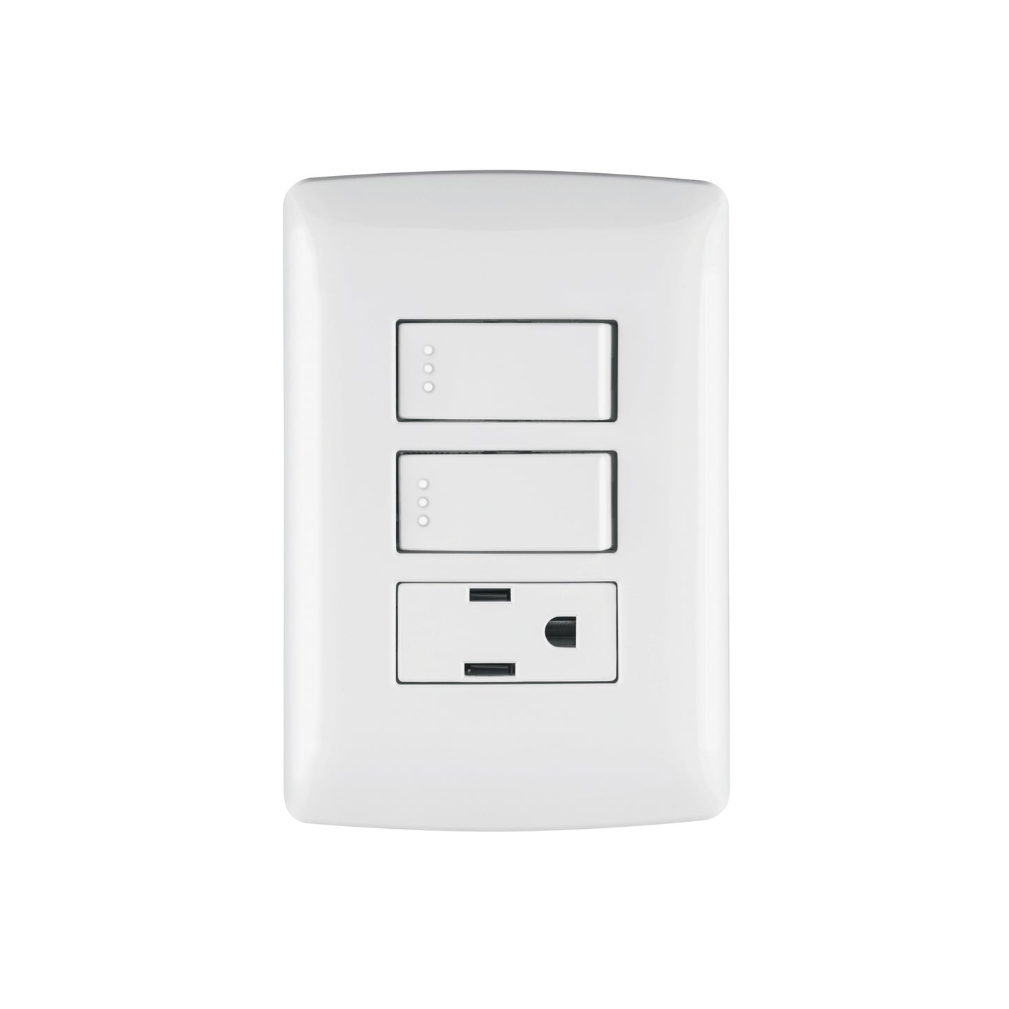 Placa armada con contacto y 2 interruptores de 127 V y 16 A con placa blanca