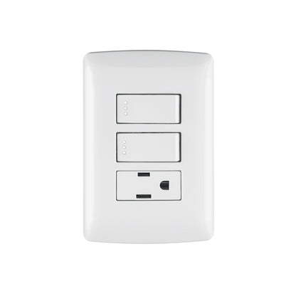 Placa armada con contacto y 2 interruptores de 127 V y 16 A con placa blanca