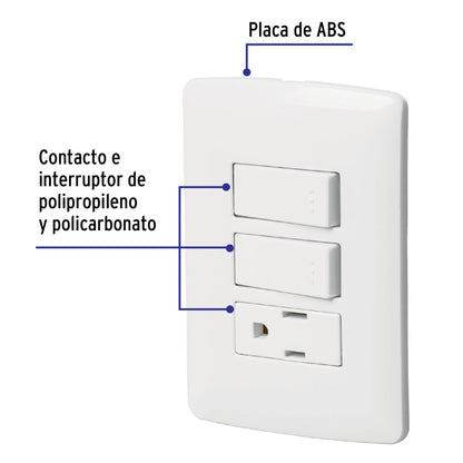 Placa armada con contacto y 2 interruptores de 127 V y 16 A con placa blanca