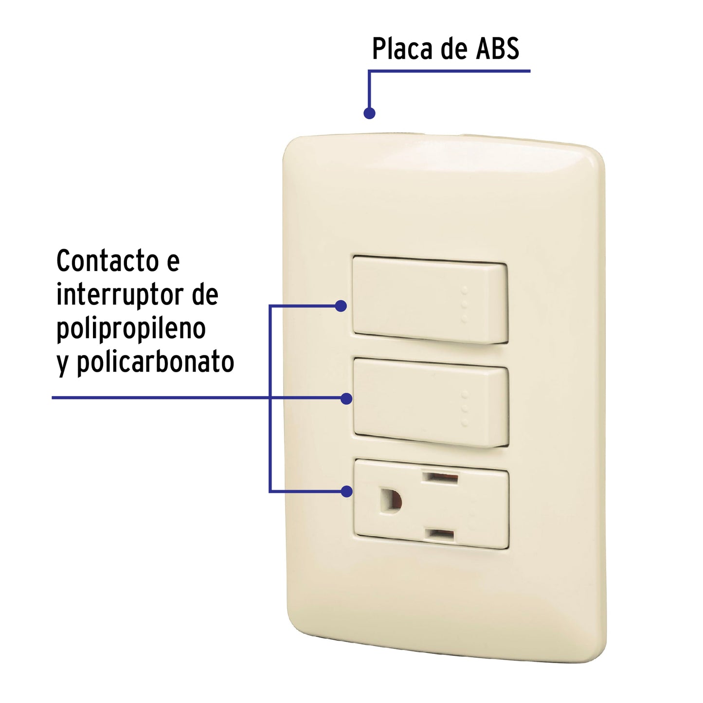 Placa armada con contacto y 2 interruptores de 127 V y 16 A con placa marfil