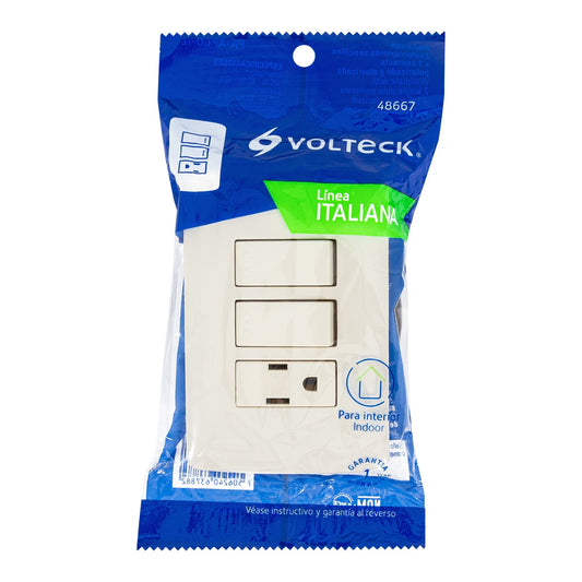 Placa armada con contacto y 2 interruptores de 127 V y 16 A con placa marfil