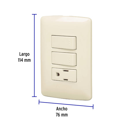 Placa armada con contacto y 2 interruptores de 127 V y 16 A con placa marfil