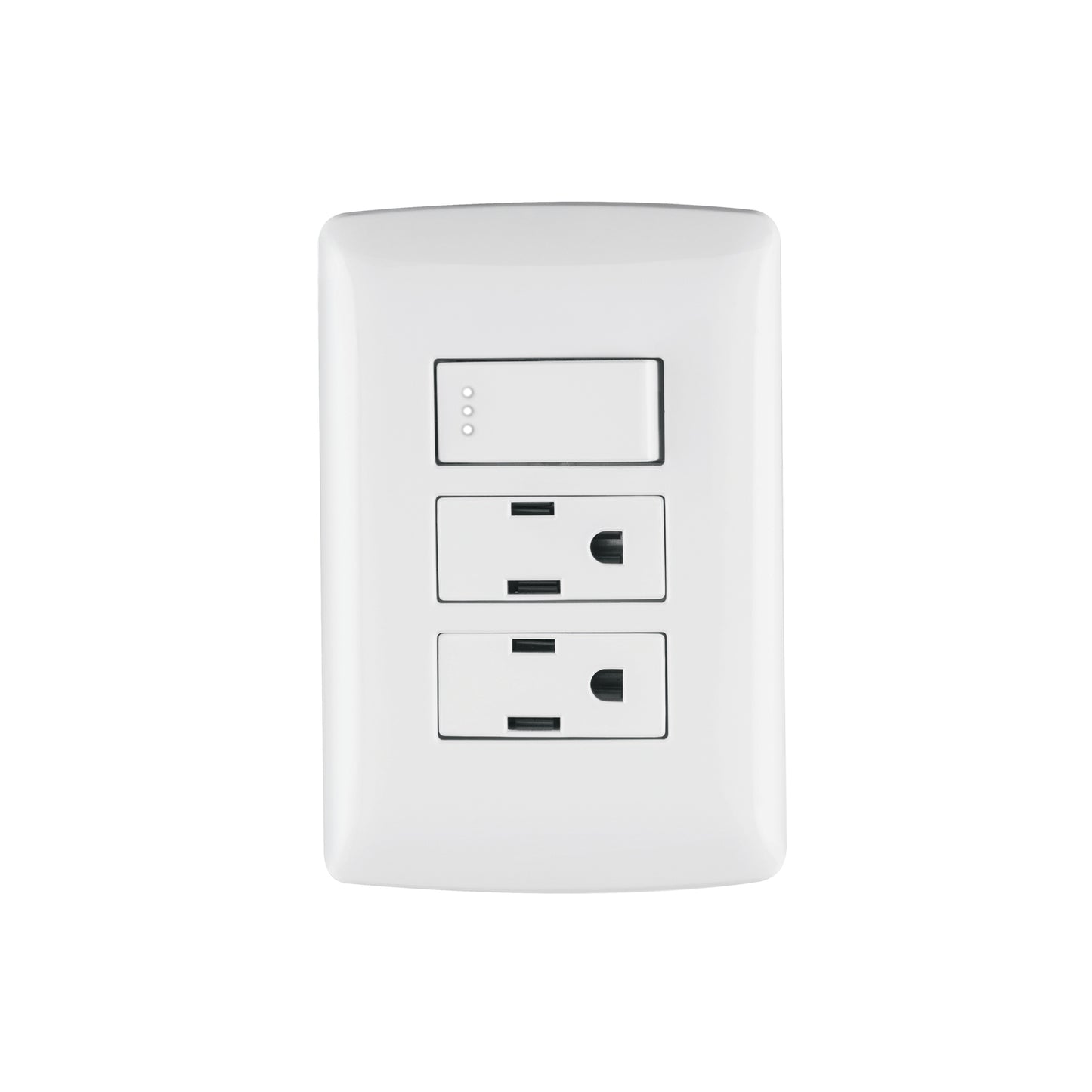 Placa armada con 2 contactos e interruptor de 127 V y 16 A con placa blanca