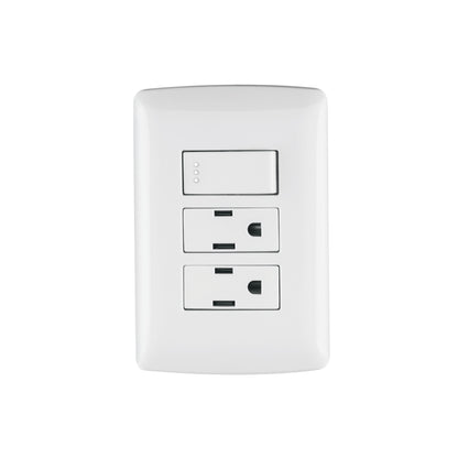 Placa armada con 2 contactos e interruptor de 127 V y 16 A con placa blanca