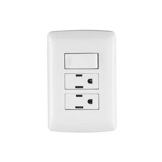 Placa armada con 2 contactos e interruptor de 127 V y 16 A con placa blanca