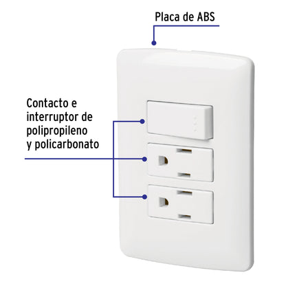 Placa armada con 2 contactos e interruptor de 127 V y 16 A con placa blanca