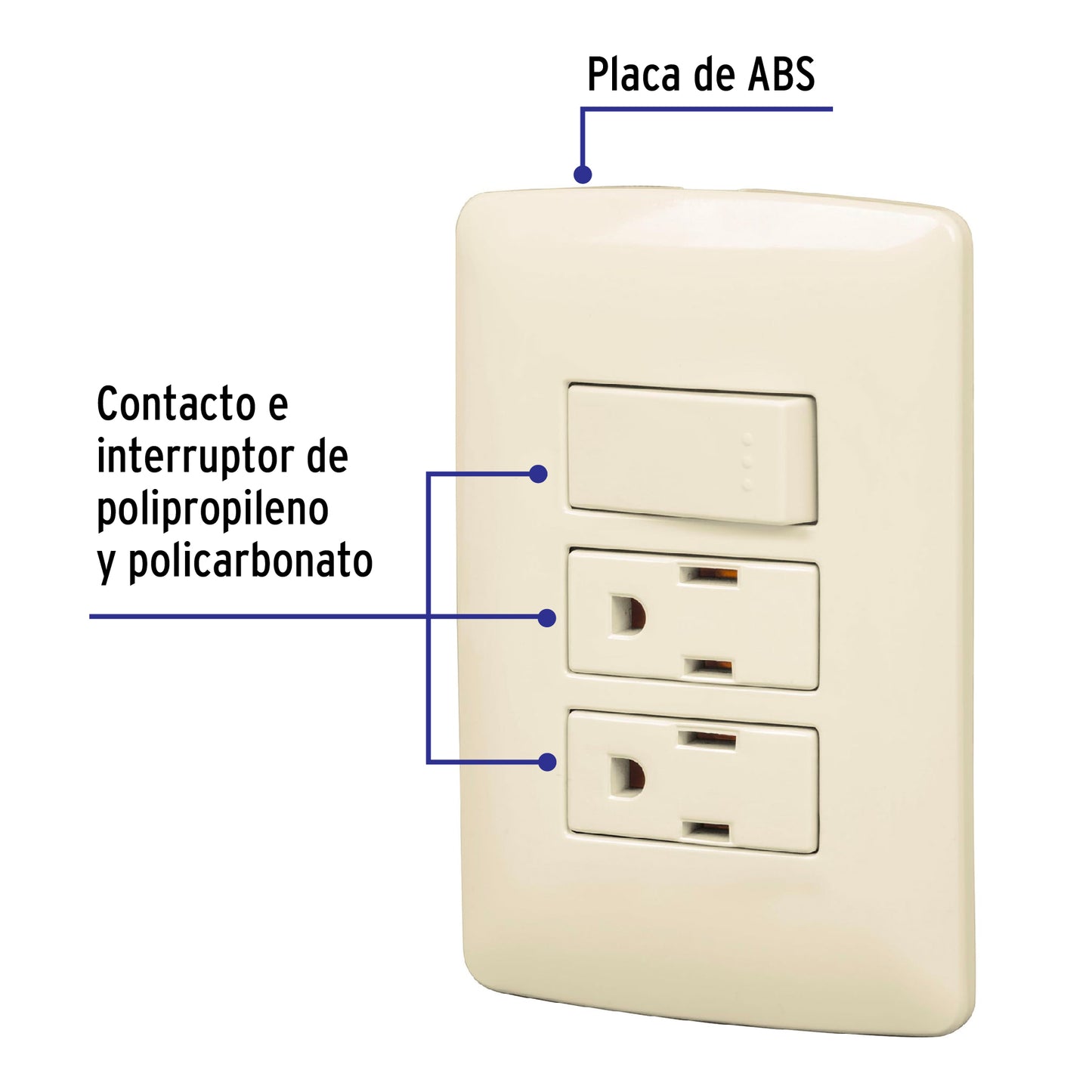 Placa armada con 2 contactos e interruptor de 127 V y 16 A con placa marfil