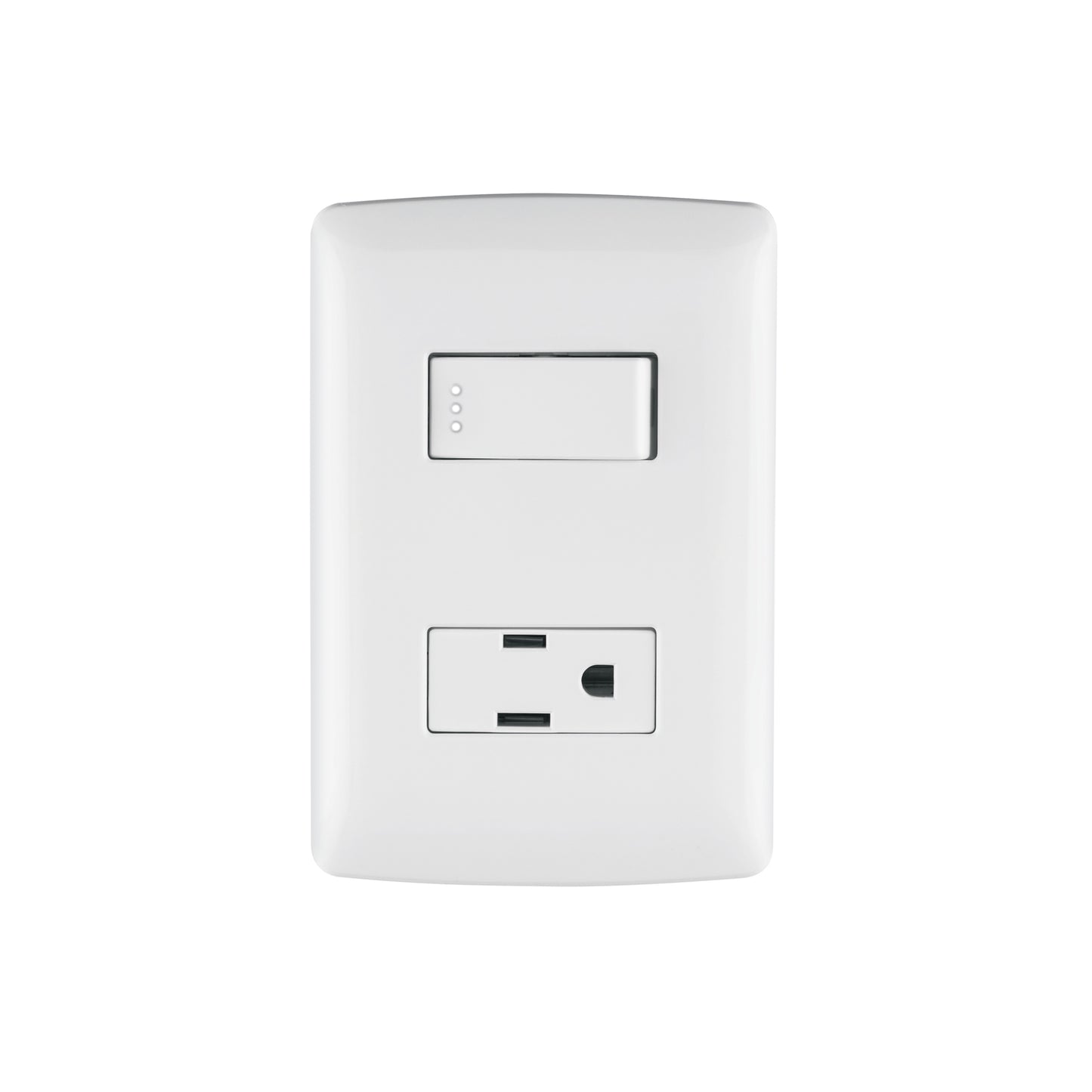 Placa armada con contacto e interruptor de 127 V y 16 A con placa blanca