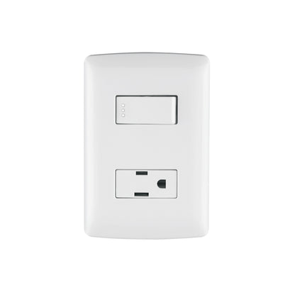 Placa armada con contacto e interruptor de 127 V y 16 A con placa blanca