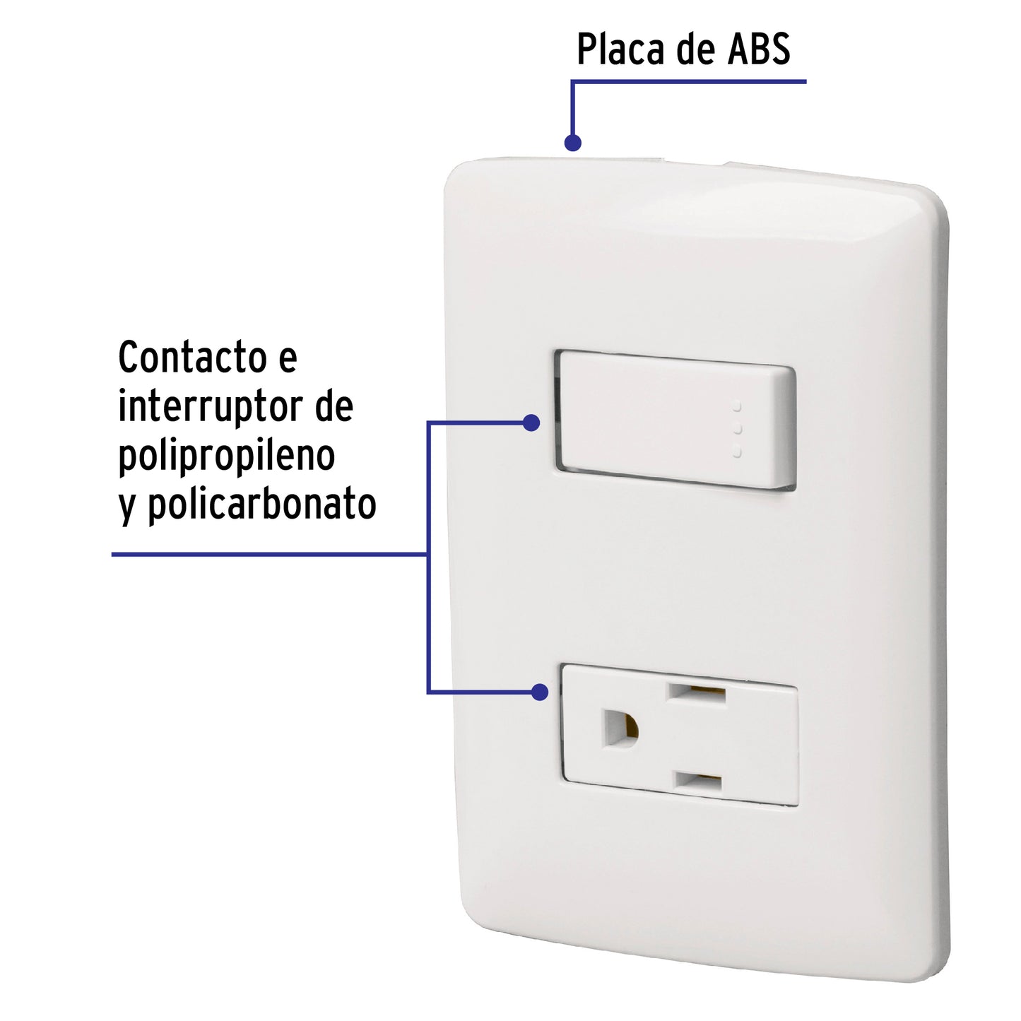 Placa armada con contacto e interruptor de 127 V y 16 A con placa blanca