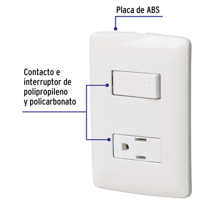 Placa armada con contacto e interruptor de 127 V y 16 A con placa blanca