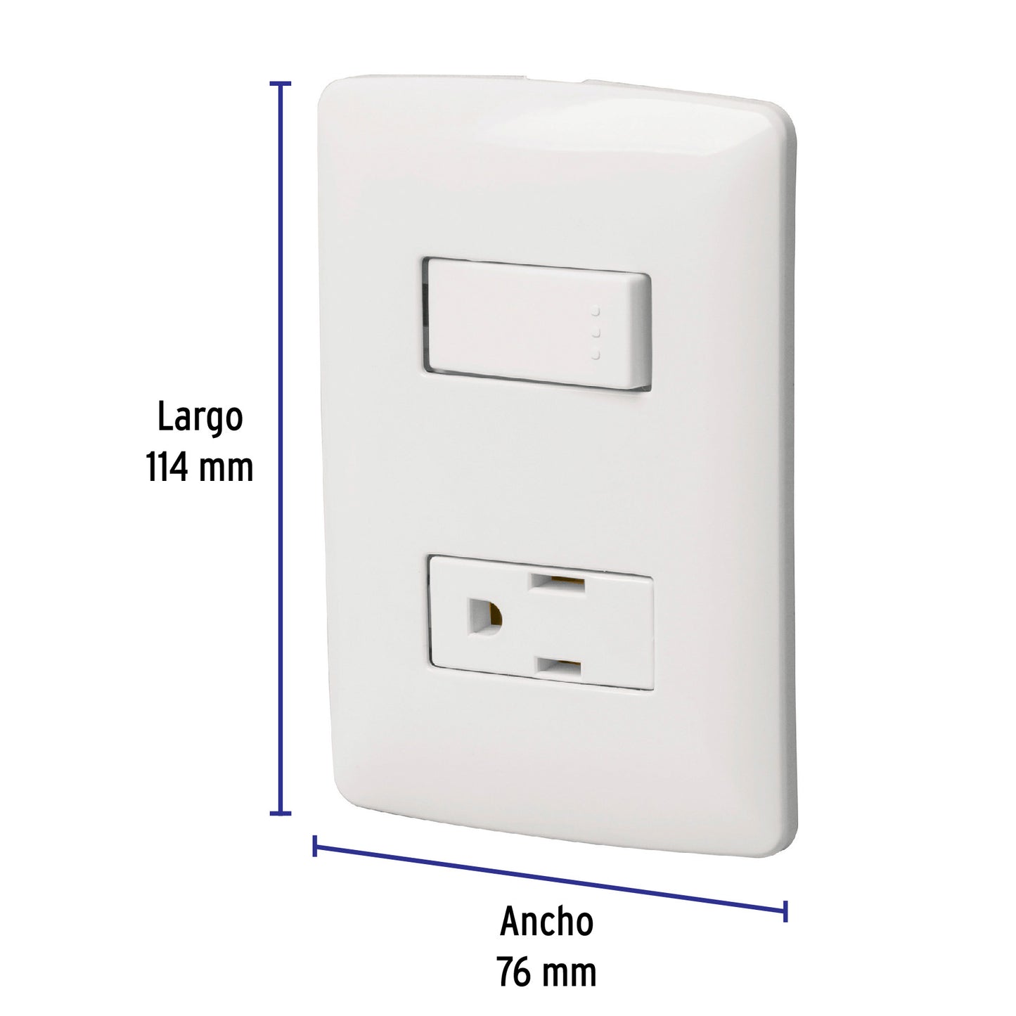 Placa armada con contacto e interruptor de 127 V y 16 A con placa blanca