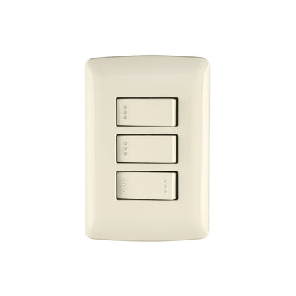 Placa armada con 2 interruptores sencillos y 1 interruptor de escalera de 125 V y 10 A con placa marfil