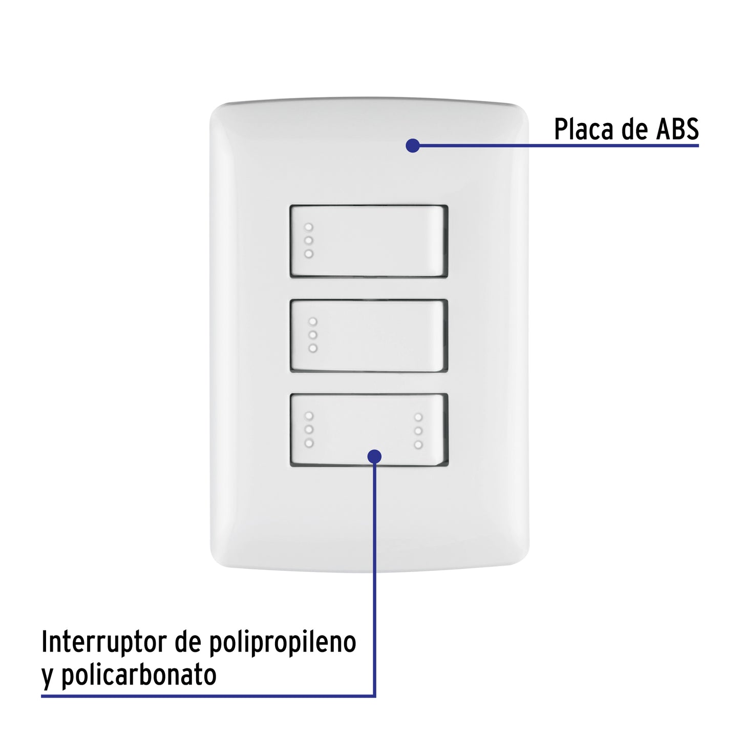 Placa armada con 2 interruptores sencillos y 1 interruptor de escalera de 125 V y 10 A con placa blanca