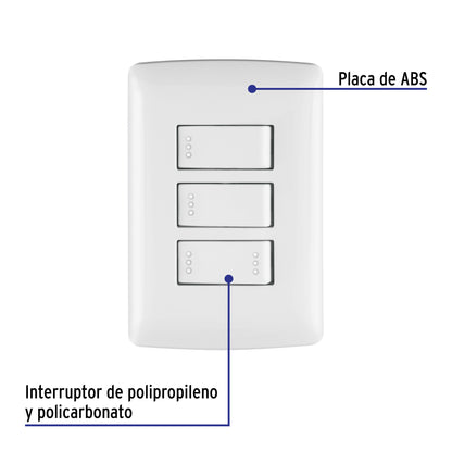 Placa armada con 2 interruptores sencillos y 1 interruptor de escalera de 125 V y 10 A con placa blanca