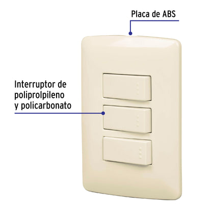 Placa armada con 2 interruptores sencillos y 1 interruptor de escalera de 125 V y 10 A con placa marfil